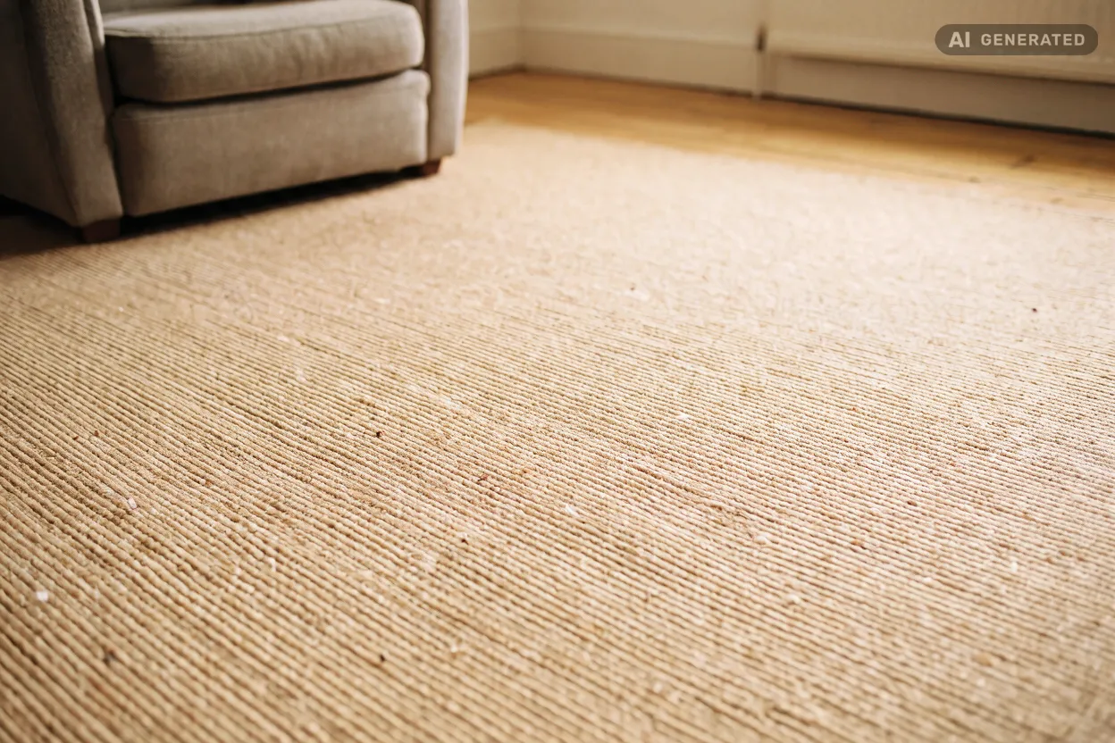 Sisal-Teppichboden in warmen Naturtönen mit Sessel im Hintergrund